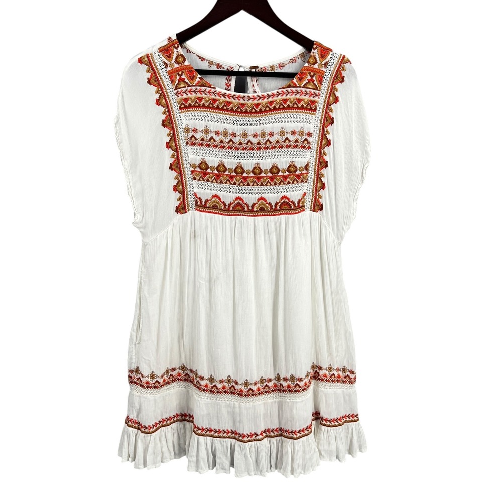 Free People White Embroidered‎ Mini Dress Cutout Back Boho Festival Size Small